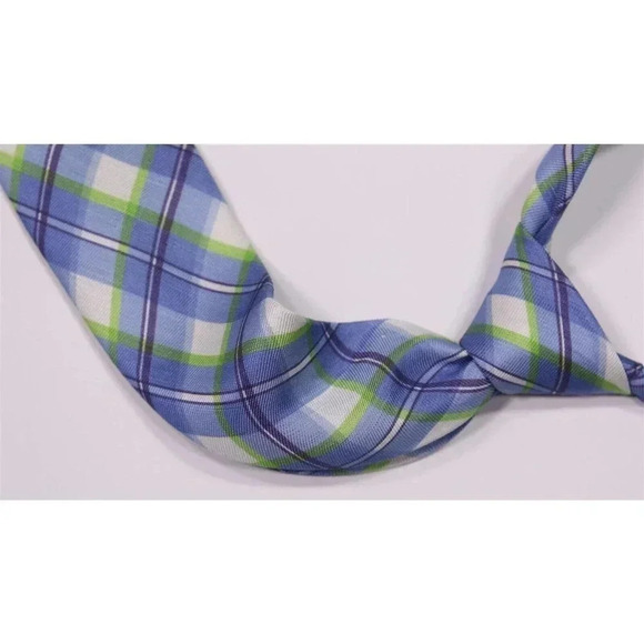 Phineas Cole Light Blue/Lime Green Plaid Check 100% Cotton Slim Necktie Tie - Picture 1 of 6
